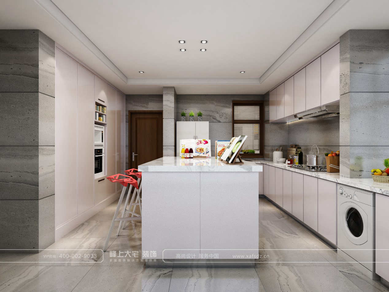 原始结构的厨房利用率比较低，本案将阳台和厨房之间的墙打通后增加了厨房的空间利用率。电器与高柜的结合更符合现代设计。中间的倒台设计使得空间更加方便实用。