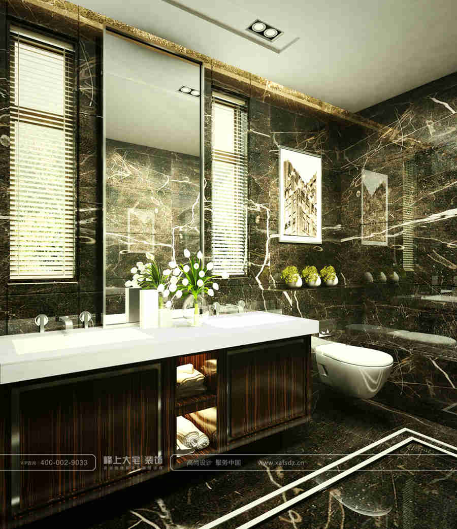 卫生间整个空间选用的是石材，以灰色调为主，简洁大气。浴室柜两边有两扇百叶窗，既有私密性，又有自然的采光通风。