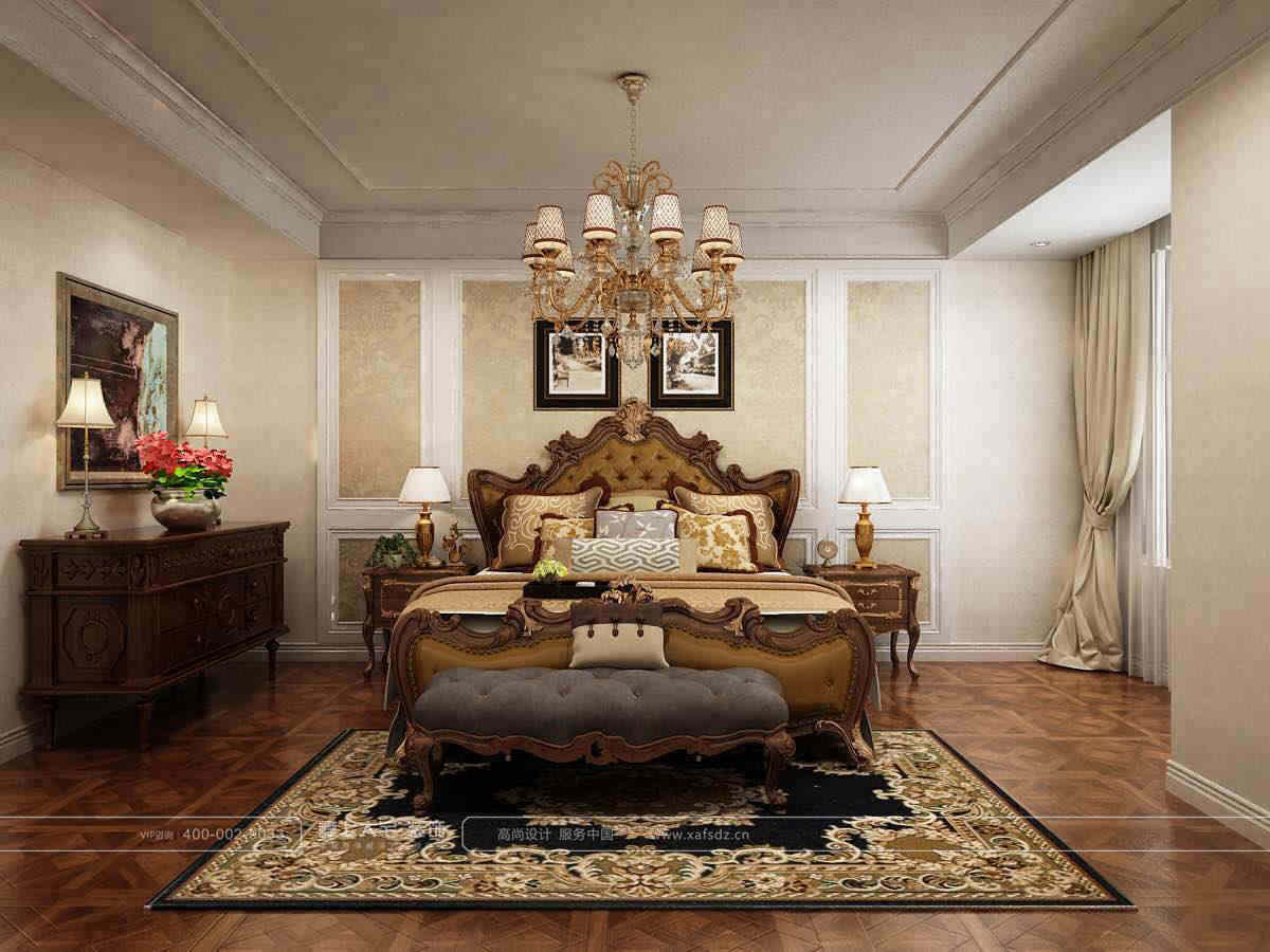 卧室中以黄色为主调，带有优雅框式的床头搭配精美的壁纸，在光源投射中更显雅致。木质的地板，传达着舒适的现代生活的理念，简约而不简单。